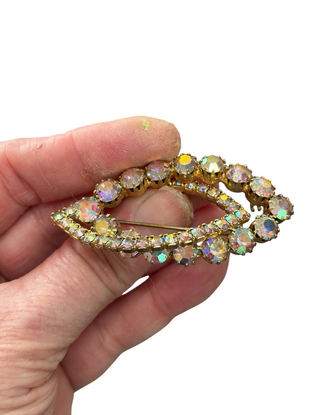 Vintage Aurora Borealis Rhinestone Brooch Gold Tone Oval Pin Mid Century Sparkle